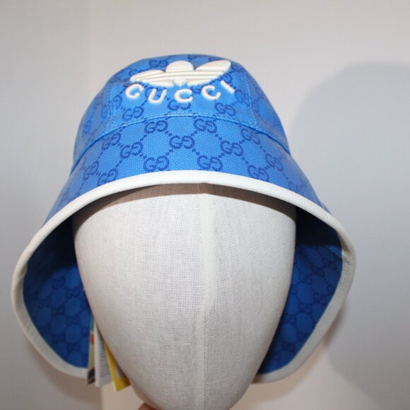 NWT GUCCI x Adidas Blue GG Coated Canvas Wide Brimmed Cloche Hat Cap M 724628